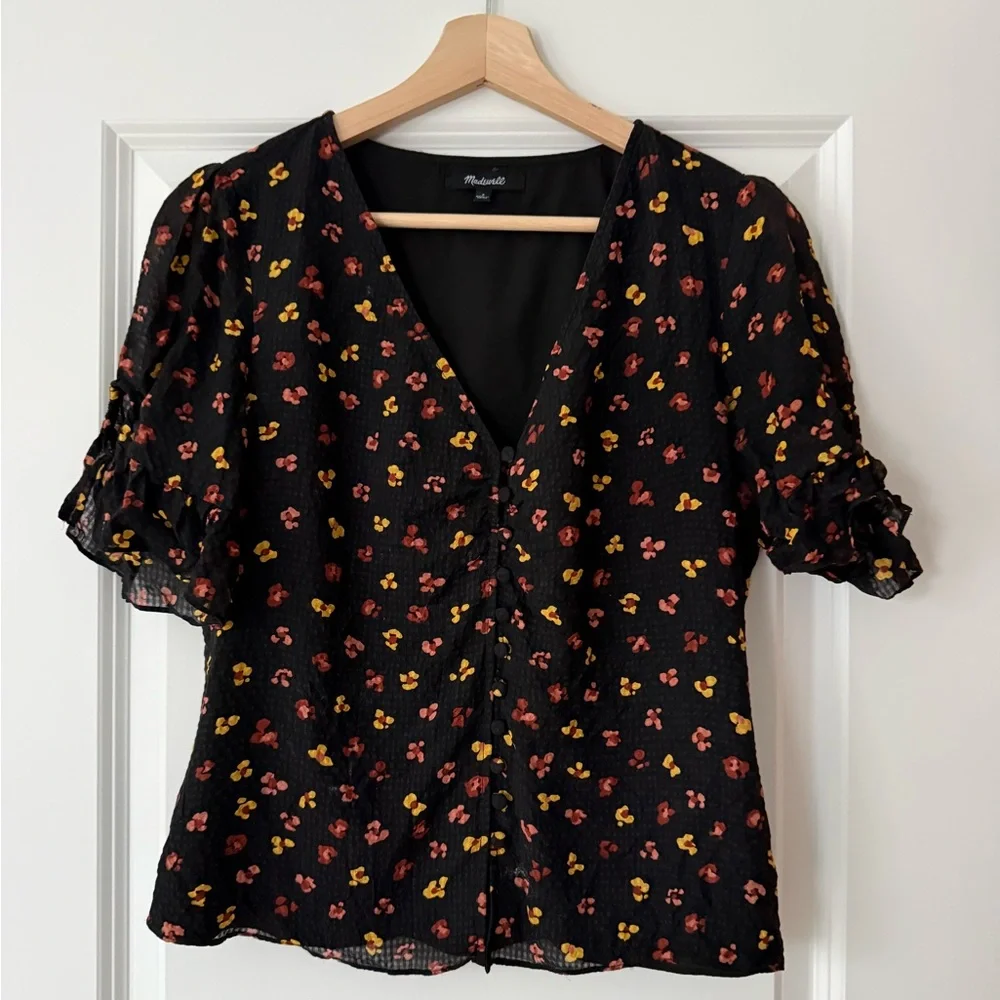 Madewell Silk Black Blouse with Red and Yellow Floral Print - Picture 1 of 10